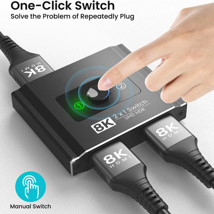 HDMI 2.1 lüliti, 8K HDMI jaotur 4k 120hz UHD kiire 48Gbps HDMI lüliti kahesuunaline 2 sisendit 1 väljund või 1 sisend 2 väljundit, HDMI jaotur toetab HDCP 2.2 3D HDR-i Fire TV Stick UHD TV PS5 Xboxi jaoks