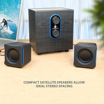 GOgroove 2.1 arvuti kõlarisüsteem subwooferiga SonaVERSE LBr - USB 3,5 mm AUX-audiosisendiga, bassi/helitugevuse reguleerimine, 11 W RMS - kompaktne suurus Ideaalne sülearvutile, väiksem