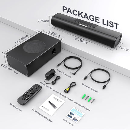 EnjoyNest heliriba subwooferiga, 2.1-kanaliga heliriba nutiteleritele, 16-tolline, Bluetooth, optiline, HDMI (ARC), AUX, koaksiaal- ja USB-ühendus, seinale kinnitatav, 50 vatti