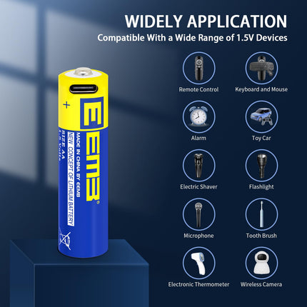 EEMB AA Batteries Rechargeable Lithium Batteries 1.5V 2600mWh USB Type C Charging Cable Replacement Battery (12-Pack)