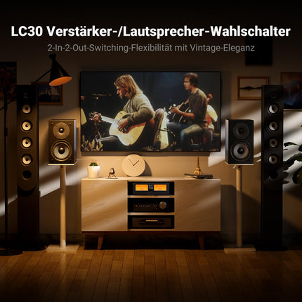 [Täiustatud] Fosi Audio LC30 VU-meetri võimendi kõlari valikukast, kahesuunaline analoogheli lüliti, stereo HiFi võimendite ja passiivkõlarite jaoks, kodukino komponent kaugjuhtimispuldiga