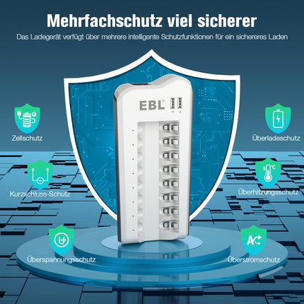 EBL akulaadija AA akudega 2800mAh 8 tk pakis - akulaadija 2 USB-pordiga AA, AAA, NI-MH akude ja USB-seadmete jaoks, mitmekordne kaitse, akude LED-ekraan