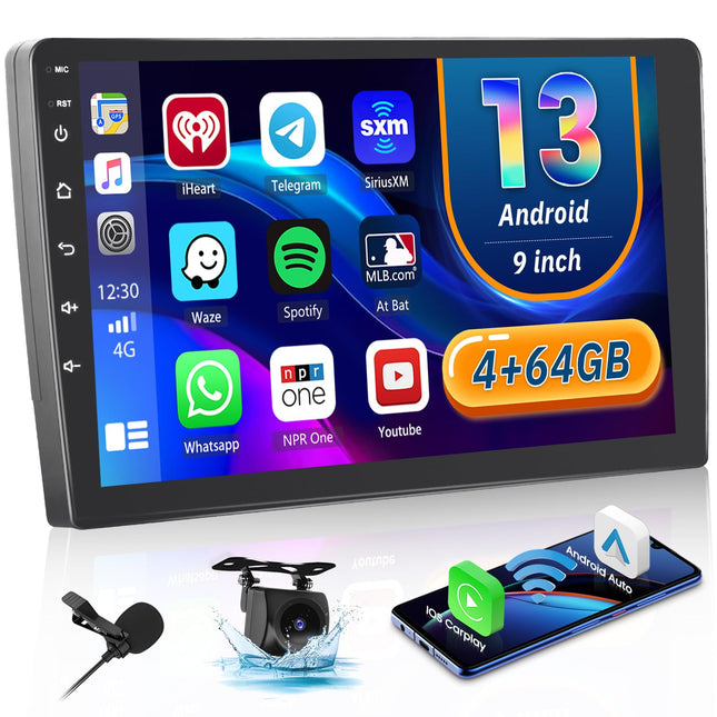 Hikity [4+64GB] Android 13 autoraadio CarPlay Android Auto juhtmevaba ekraan 9" autoraadio, Bluetooth, peegliühendus, tahavaatekaamera Nav GPS EQ DSP WiFi FM RDS SWC USB