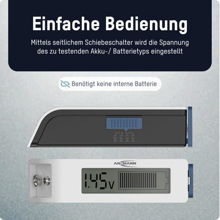 ANSMANN battery tester for rechargeable batteries and batteries AAA, AA, C, D, 9V, Li-Ion, button cells, and more. Battery tester, quick and easy display of charge status, compact and reliable for home and on the go.