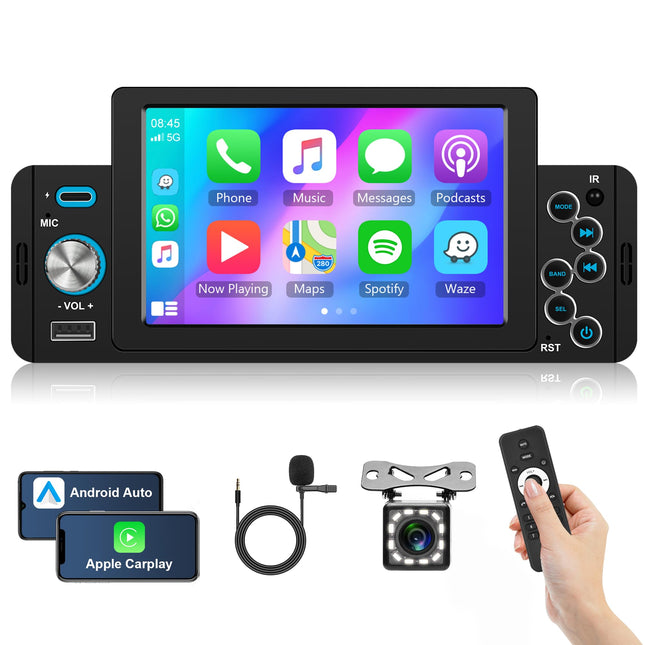 Apple Carplay autoraadio 1 DIN Android Auto Bluetooth vabakäesüsteem 5-tolline autoraadio Android/IOS Mirror Link Bluetooth FM USB/AUX/TF/Type C/EQ Roolil juhtimine Tagurduskaamera Mikrofon