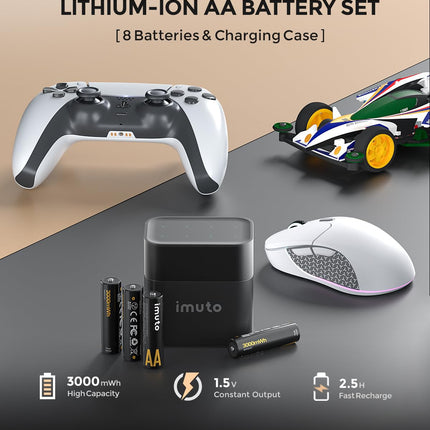 imuto Batteries AA 8 Pack Rechargeable Lithium 1.5V 3000mWh with Black Fast Charging LED Charger ideal for digital cameras, toys, sports and outdoor use