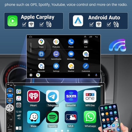 Hikity 7-tolline 1 DIN autoraadio Bluetooth koos Android Auto juhtmevaba Carplay autoraadio puutetundliku ekraaniga peegli lingiga Androidile/iOS-ile FM-raadio USB SWC TF tahavaatekaamera
