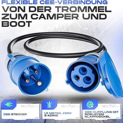 IntuiFlex Camping Cable Reel Set - CEE Cable 25m + 1.5m Connection Cable + CEE Adapter - Camping Cable H07RN-F 3G 2.5mm² for Caravan Motorhome Accessories IP44 Outdoor