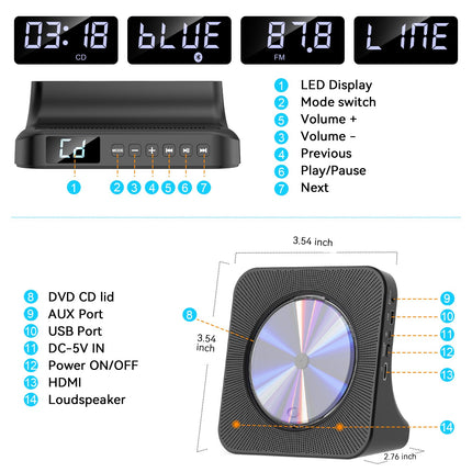 Gueray DVD-mängija telerile, kõikide piirkondade tasuta lauaarvuti DVD/CD-mängija koju, Bluetooth-kõlaritega, ekraaniga, äratuskellaga, FM-raadioga ja CD-mängijaga, USB-kaardi taasesitusega, kaasas kaugjuhtimispult, HDMI-kaabel