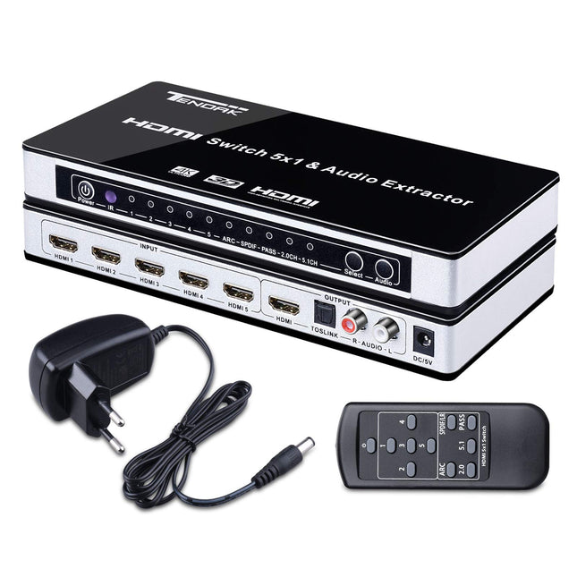 Tendak HDMI Switch, HDMI Switch 4K 5 Ports HDMI Splitter HDMI Switch 5 to 1 with SPDIF and L/R Audio Extractor with Remote Control Supports ARC UHD 3D