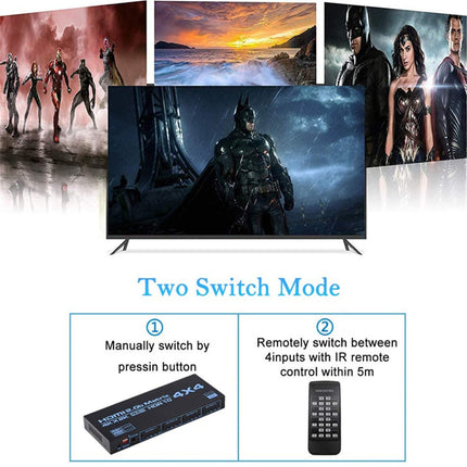Maatriksi valik, 4 x 4, Matrix 4K, HDMI, 4 sisendit, 4 väljundit, Matrix HDMI 2.0 porti, 4 x 4, toetab 4K @ 60 Hz, 4K Dolby Vision HDR HDCP 2.2, kaugjuhtimispuldi tugi