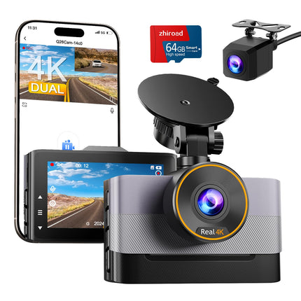 Auto videoregistraator ees/taga 4K+1080P, WiFi videoregistraator 64GB mälukaardiga, 3" IPS ekraan, öönägemine+WDR, G-sensor, tsükkelsalvestus, 170°+140° lainurk, 24H parkimisrežiim, rakenduse juhtimine, tugi max 256GB
