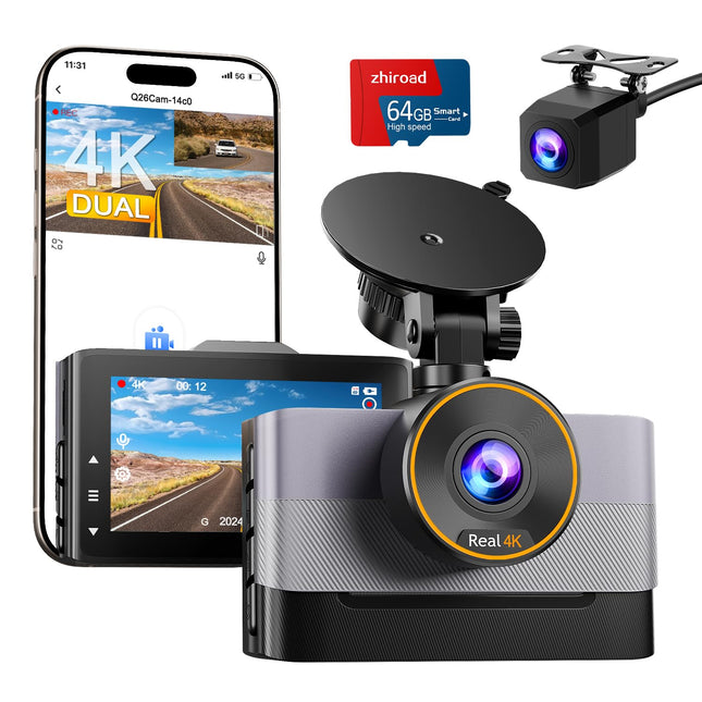 Auto videoregistraator ees/taga 4K+1080P, WiFi videoregistraator 64GB mälukaardiga, 3" IPS ekraan, öönägemine+WDR, G-sensor, tsükkelsalvestus, 170°+140° lainurk, 24H parkimisrežiim, rakenduse juhtimine, tugi max 256GB