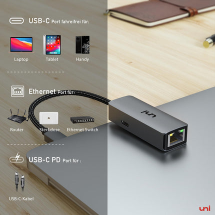 uni USB-C to Ethernet Adapter 100W PD, 1Gbps Gigabit RJ45 LAN Network Adapter with Power Delivery - Compatible with Laptop, MacBook Pro/Air, Dell XPS, iPad Pro