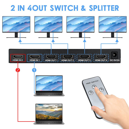 HDMI-lüliti jaotur 2 sisendit ja 4 väljundit, HDMI-jaotur lüliti puldi ja SPDIF-i ning 3,5 m heliväljundiga, toetab 4K@60Hz HDCP2.2 HDR-i, arvutimonitoride, PS4 teleri, sülearvuti ja Xboxi jaoks