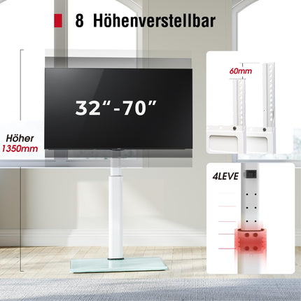 AOKCOS telerialus põrandale, kõrgus 1350 mm, 32–55, 65–70-tollistele teleritele, kallutatav ja pööratav ning kõrgusega reguleeritav telerialus, universaalsed telerialuse jalad, max VESA 400x400 mm, 40 kg (valge)