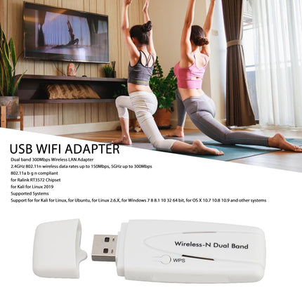 Kahesageduslik WiFi-adapter, 300Mbps WiFi-adapter Ralink RT3572 kiibistikuga USB WiFi-adapterile 2.4G 5.8G kahesageduslik