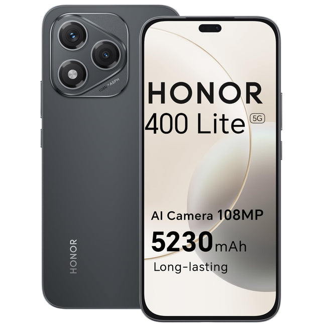 HONOR 400 Lite nutitelefon 5G kahe SIM-kaardiga NFC, 256 GB/8 GB muutmälu, lukustamata Android-telefon ilma lepinguta (108 MP tehisintellektiga kaameranupuga, 6,7-tolline ekraan, 5230 mAh, Android 15) sametmust