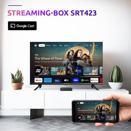 STRONG - Android TV 4K UHD voogedastusboks - SRT 423 - sisseehitatud Chromecast - DVB-T2 ja kaabelvastuvõtja - hääljuhtimine - Dolby Vision Atmos - Google Play, Netflix, Prime Video, Disney+ - must