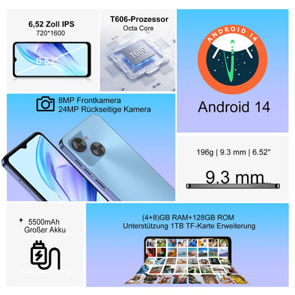 XGODY mobiiltelefon ilma lepinguta Mate 70, 12GB+128GB/1TB laiendusmälu, 6,52'' HD+ ekraan, Android 14 nutitelefon, 5500mAh QC, kaheksatuumaline, 24MP+8MP kaamera, 4G kahe SIM-kaardiga, Face ID GPS OTG sinine