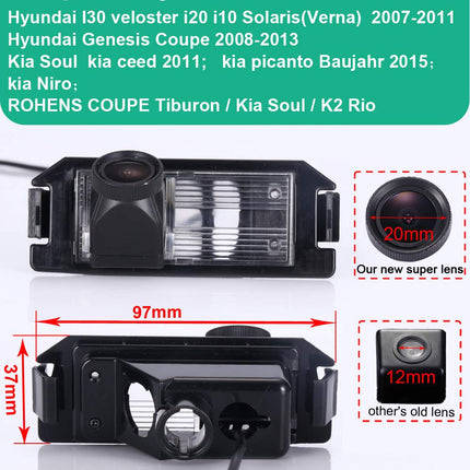 Uus 20 mm objektiiviga HD värviline parkimisabiga auto tahavaatekaamera, ülilainurkne veekindel öise nägemisega kaamera Hyundai I30 Veloster i20 i10 Solarise/Genesis Coupe/Kia Souli, Kia Ceedi/Picanto tootmisaasta jaoks.