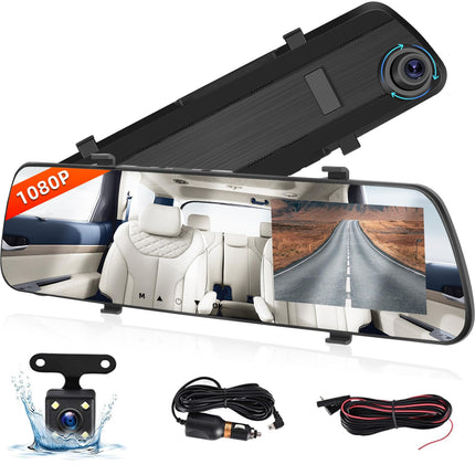 NHOPEEW Mirror Dash Cam with Rear View Camera - 4 Inch 1080P Front and Rear View Dual Cameras - Super Night Vision/Parking Assistance/Loop Recording/Parking Monitoring - Rear View Camera for Cars
