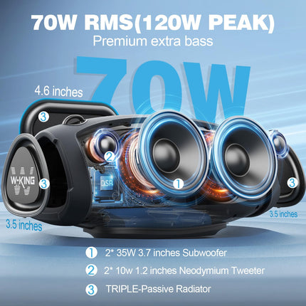 W-KING Bluetooth Speaker Large with Wireless Microphone, (120W Peak) 70W IPX6 Portable Outdoor Speakers Bluetooth Box Music Box, THREE Passive - Deep Bass/DSP/Power Bank/TF/AUX/EQ/Opener