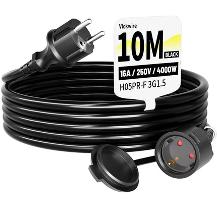 Vickwire kummist pikenduskaabel 10m välistingimustes kasutatav kaabelkaabli pikendused kaitsekontaktiga pistikuga Schuko pikendus 16A/250V, must, H05RR-F 3G1.5 mm²