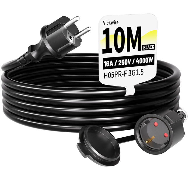 Vickwire kummist pikenduskaabel 10m välistingimustes kasutatav kaabelkaabli pikendused kaitsekontaktiga pistikuga Schuko pikendus 16A/250V, must, H05RR-F 3G1.5 mm²