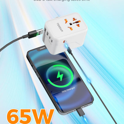 TESSANi ülemaailmne reisiadapter, 65 W GaN reisiadapteri kiirlaadija, reisipistik 2 USB ja 3 USB C-ga, universaalne Jaapani, Saksamaa, USA, Inglismaa ja Hiina jaoks