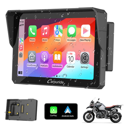 Carpuride W702B mootorratta GPS CarPlay ekraan disainkinnitusega BMW mootorratastele, juhtmevaba CarPlay ja Android Auto, kaasaskantav veekindel 7" puuteekraan, Bluetooth-ülekanne, navigatsioon, Siri.
