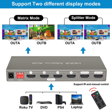 HDMI maatrikslüliti 4 sisendi ja 2 väljundiga 4K60Hz jaotur optilise ja 3,5 mm AUX-heli väljundiga, toetab EDID HDCP2.2 18G HDR10 ARC