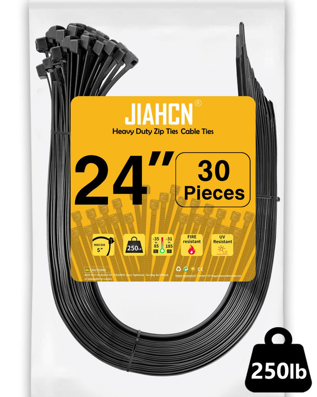 Cable Ties Black 600mm Cable Ties Long, Large Black Extra Strong Cable Ties UV Resistant, 60cm x 12.4mm Wide, Large Cable Tie for Cable Management, 30 Pack