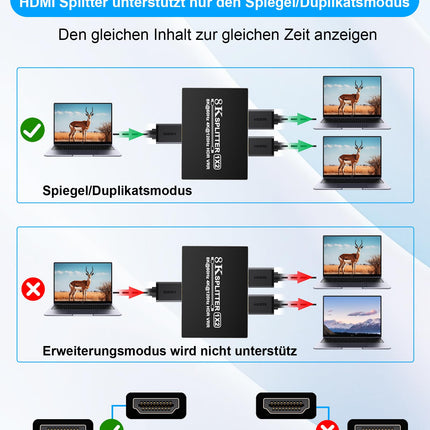8K HDMI jaotur 1 sisend 2 väljundit - jaotur kahe monitori peegeldamiseks ja kopeerimiseks, toetab 8K@60Hz 4K@120Hz 1080P EDID HDCP2.3 HDR10 VRR Dolby Visioni PS5 Xboxi sülearvutile