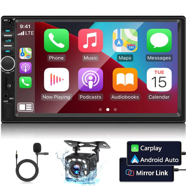 NHOPEEW 2 Din Car Radio with Carplay and Android Auto - 7 inch HD Touchscreen Car Radio with Bluetooth &amp; Mirror Link - EQ/FM/SWC/AUX/USB + Rear View Camera