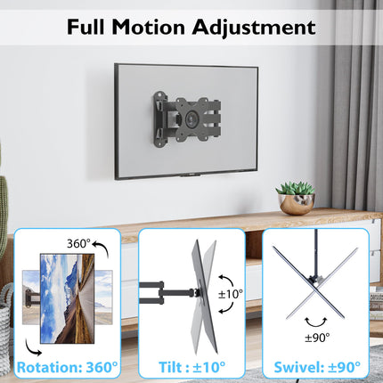 BONTEC arvutimonitori seinakinnitus, teleri seinakinnitus, pööratav/kallutatav, 13–30-tollisele plasma kumerale monitorile ja telerile, VESA 75x75/100x100mm, kuni 15kg, koos loodiga