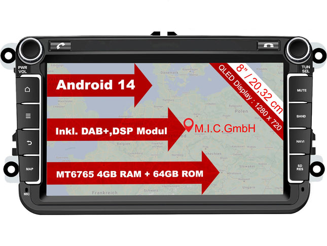 MIC AV8V7-L2 Android 14 autoraadio navigatsioonisüsteemiga: MediaTek MT6765V 4G+64G; 8-tolline QLED-ekraan; 4G SIM, Carplay, Android Auto, DAB+, Bluetooth 5, WiFi, GPS: Asendaja VW Golf T5 Touran Passat RNS RCD, Skoda, SEAT mudelitele