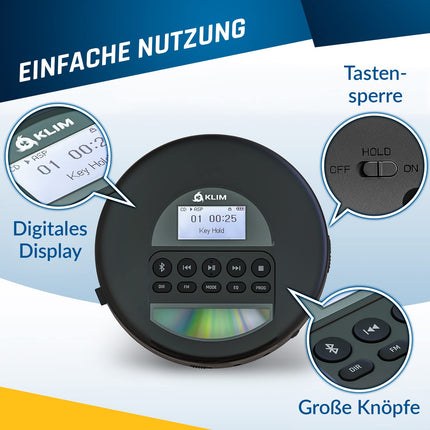 KLIM Nomad CD-mängija Bluetooth - kaasaskantav CD-mängija Discman pikaealise akuga - kõrvaklapid kaasas - CD-R, CD-RW, MP3 - TF-kaardilugejaga, FM-raadioga - ideaalne autosse - kaasaskantav CD-mängija Discman