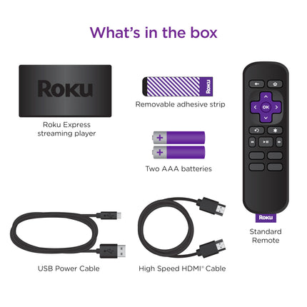 Roku Express HD voogedastusseade kiire HDMI-kaabli ja tavalise kaugjuhtimispuldiga (mitte teleri juhtimisega), juhendatud seadistuse ja kiire WiFi-ga