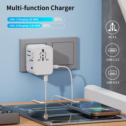 2025. aasta uusim reisiadapter kogu maailmas, universaalne reisipistik 2 USB A ja 2 USB C-ga, rahvusvaheline pistikutega reisiadapter Saksamaa, USA, Inglismaa, Austraalia ja Jaapani jaoks, reisitarbed (valge)
