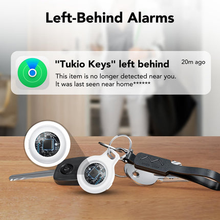 Õhus jälgiv kiip, võtmeleidja, mis ühildub Apple Find My? rakendusega (ainult iOS, Android ei ole toetatud), 100dB heli, Bluetooth-jälgija pagasi/kottide/kohvrite jaoks, esemete leidja vahetatavate patareidega - valge (1 pakk)