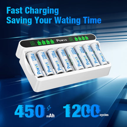 POWXS akulaadija 4 AA ja 4 AAA patareiga, 8 pesaga akulaadija LCD-ekraaniga, laetavad AA ja 4 AAA akud, kiirlaadija NI-MH NI-CD AA/AAA akude jaoks, USB ja C-tüüpi sisend