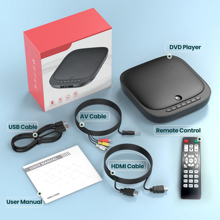 Desobry DVD-mängija telerile, HD 1080p DVD-mängija, regioonivaba DVD-mängija USB/TF-kaardi sisendiga, mini-DVD-mängija telerile integreeritud PAL/NTSC-ga, DVD-mängija HDMI HDMI/RCA-kaabliga