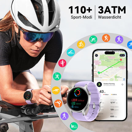 Naiste nutikell ümmargune telefonifunktsiooniga - 1,32-tolline AMOLED-ekraan, fitnesskell 110+ spordirežiimi ja 3ATM-iga, aktiivsusmonitor iPhone'ile/Androidile sammulugejaga, pulsimõõtja/SpO2/unemonitoriga - lilla