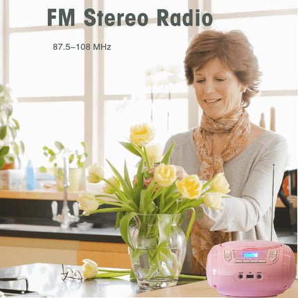 Kaasaskantav CD-mängija lastele - raadio, CD Boombox Bluetoothi, FM-raadio, USB-sisendi ja AUX-pordi ning kõrvaklapipesaga, CD-mängija koduseks või õues kasutamiseks (roosa)