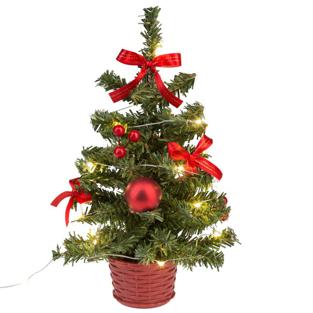 Idena 31486 - Dekoratiivne jõulupuu 20 sooja valge LED-iga, umbes 25 cm kõrge, punaste kuusekaunistuste ja USB-pordiga, kaunistuseks advendi- ja jõuludeks