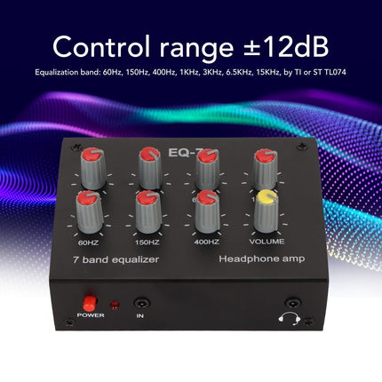Reguleeritav 7-ribaline ekvalaiser, DC 5-12V 7-ribaline ekvalaiser autovõimendi 3,5 mm liidesega, sagedusvahemikud 60Hz/150Hz/400Hz/1KHz/3KHz/6,5KHz/15KHz (EL-pistik)