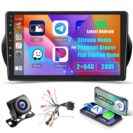 Inefala 10,1-tolline Android 13 autoraadio Citroen Nemo/Peugeot Bipper/FIAT Fiorino Qubo 2 DIN ekraaniga (2+64GB) koos juhtmevaba CarPlay, Android Auto, FM RDS, GPS, Bluetooth, WiFi ja tahavaatekaameraga
