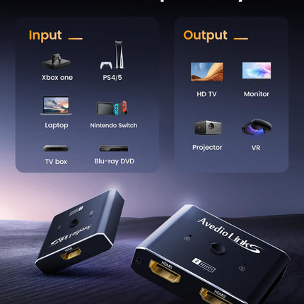 8K HDMI-lüliti jaotur, avedio links alumiiniumist kahesuunaline HDMI-lüliti 2 sisendit 1 väljundit või 1 sisendit 2 väljundit, HDMI 2.1 lüliti jaotur toetab 8K 4K-d PS5/4 HDTV jaoks