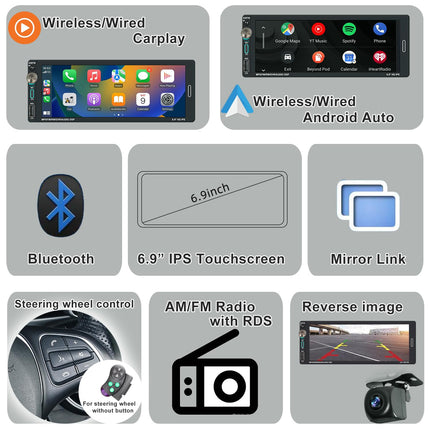 Alondy autoraadio 1Din ekraaniga (6,9"), ühildub Apple CarPlayga [juhtmevaba], Android Auto, Bluetooth, USB (C-tüüp, 2.1A kiirlaadimine), tahavaatekaamera, AM/FM/RDS raadio.